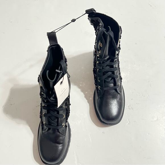 Zara Black Leather Sequined Lace Up Boots Size 6 US - Picture 9 of 15